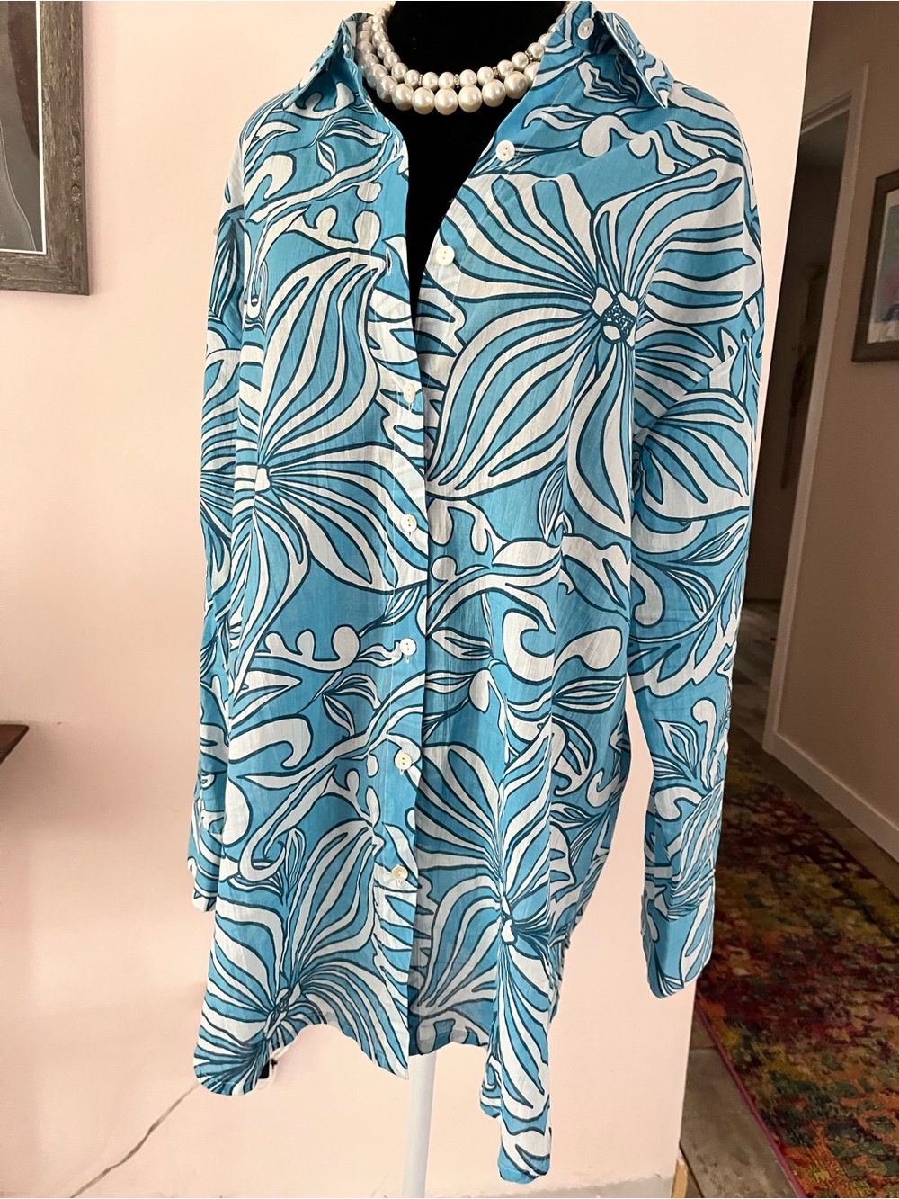blue island Teal and White Tropical Print Shirt/swim coverup